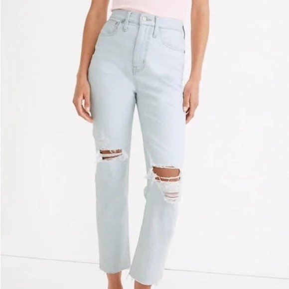 Madewell The Momjean Harman Wash High Rise Raw Hem Light Blue Distressed 28 - Picture 3 of 10